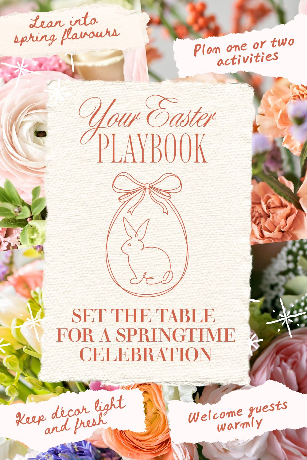 Easter Playbook graphic surrounded by spring flowers, featuring tips saying "Lean into spring flavours," "Plan one or two activities,"  "Keep d&eacute;cor light and fresh" and "welcome guests warmly." Center text reads "Set the table for a springtime celebration" with a bunny illustration.