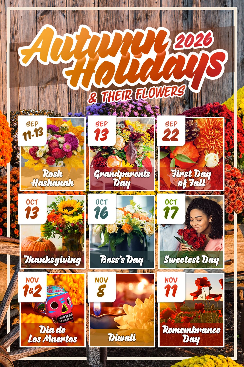 Autumn Holidays 2026 calendar features dates and flowers: Rosh Hashanah (Sep 11-13), Grandparents Day (Sep 13), First Day of Fall (Sep 22), Thanksgiving (Oct 12), Boss's Day (Oct 16), Sweetest Day (Oct 17), Dia de Los Muertos (Nov 1-2), Diwali (Nov 8), Remembrance Day (Nov 11). Vibrant flowers complement each holiday.
