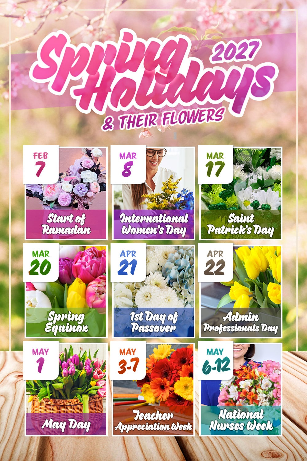 A colorful calendar highlights various spring holidays with corresponding flower themes: Start of Ramadan (Feb 7), International Women's Day (Mar 8), Saint Patrick's Day (Mar 17), Spring Equinox (Mar 20), 1st Day of Passover (Apr 21), Admin Professionals Day (Apr 28), May Day (May 1), Teacher Appreciation Week (May 3-7), National Nurses Week (May 6-12). Text: "Spring Holidays 2027 & Their Flowers."