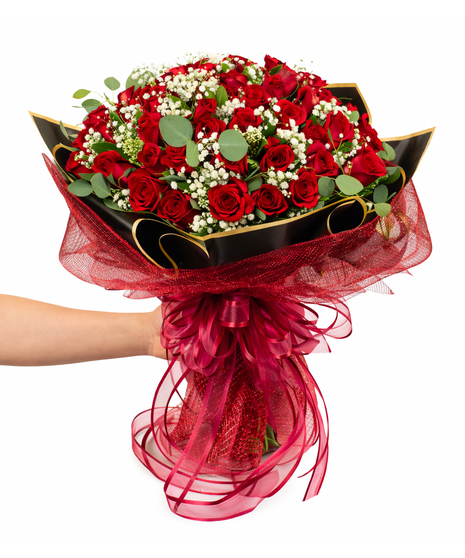 48 Red Roses with Baby's Breath - Luxury Hand-Tied Bouquet