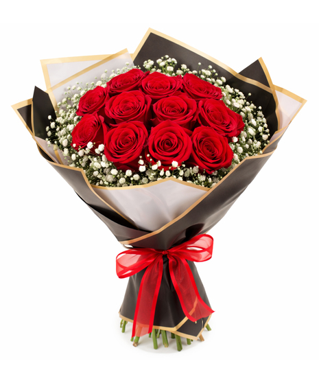 Timeless Red Rose Bouquet with baby's breath and red satin bow