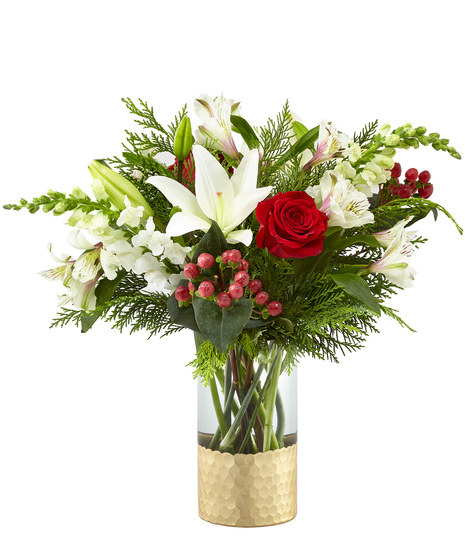 Red and White Holiday Flowers in a Designer Glass Vase