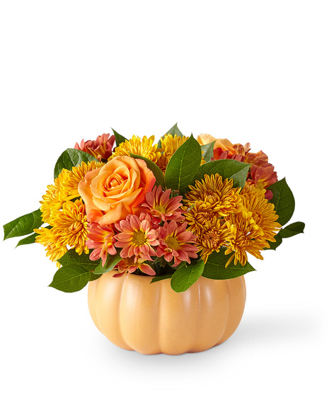 Fall Flowers Arranged in a Pumpkin Vase