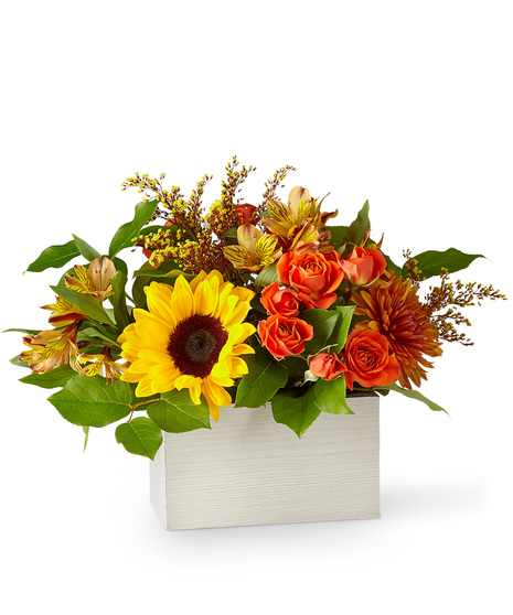 Bouquet of Fall Flowers in a Wooden Box
