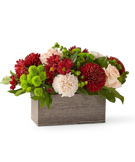 Flower Box of Light Pink, Burgundy and Green Flowers