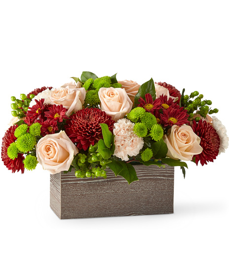 Flower Box of Light Pink, Burgundy and Green Flowers