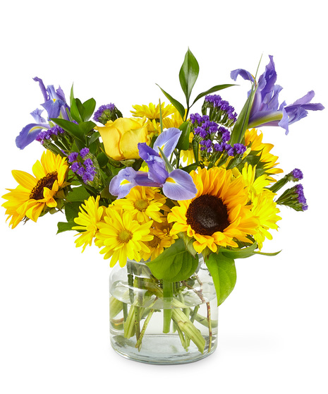 Bouquet of mixed yellow and blue flowers