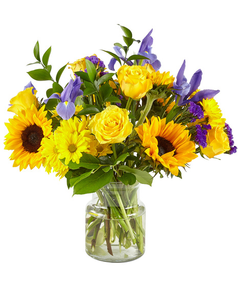 Bouquet of mixed yellow and blue flowers
