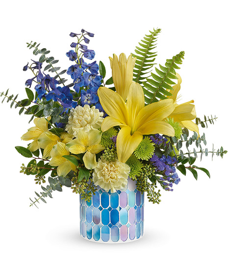 Spring Flowers in Mosaic Cylinder Vase