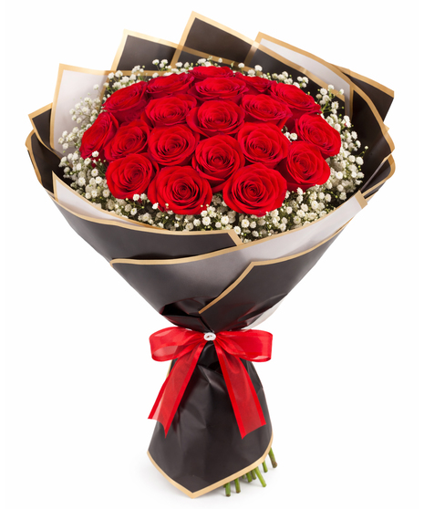 Timeless Red Rose Bouquet with baby's breath and red satin bow