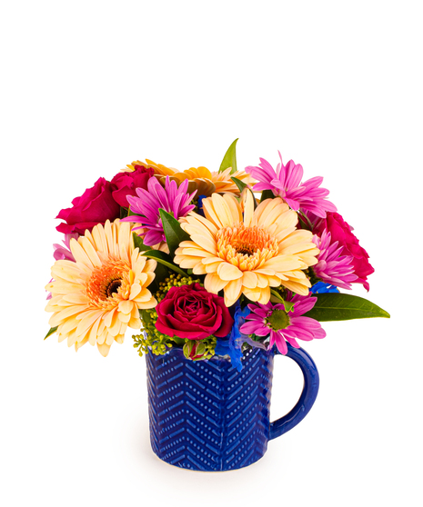 cheers to you bouquet with colourful flowers in blue mug and optional tim hortons gift card