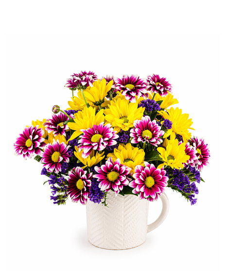 sunshine thanks bouquet with yellow and purple flowers in ceramic mug with optional tim hortons gift card