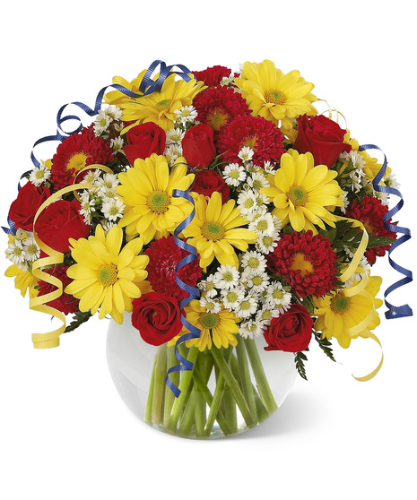 Bright, festive flowers with curly ribbon