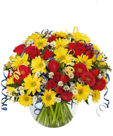 Bright, festive flowers with curly ribbon