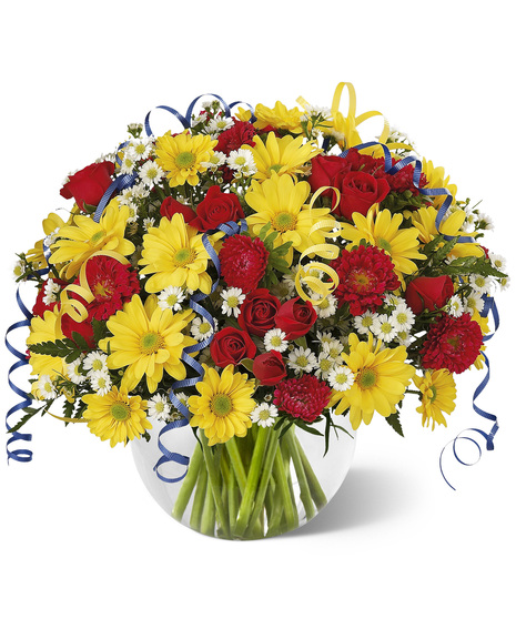 Bright, festive flowers with curly ribbon