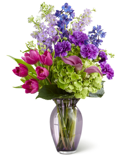 Tulips, Hydrangea, Delphinium, Carnations and Mini Calla Lilies in a Glass Vase