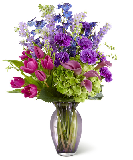 Tulips, Hydrangea, Delphinium, Carnations and Mini Calla Lilies in a Glass Vase