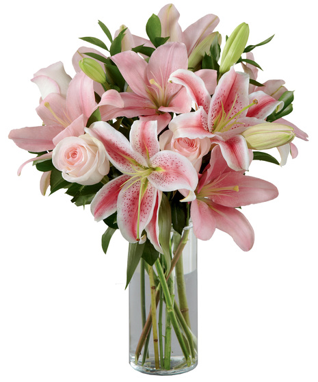 Pink Lilies and Pink Roses in a Glass Vase