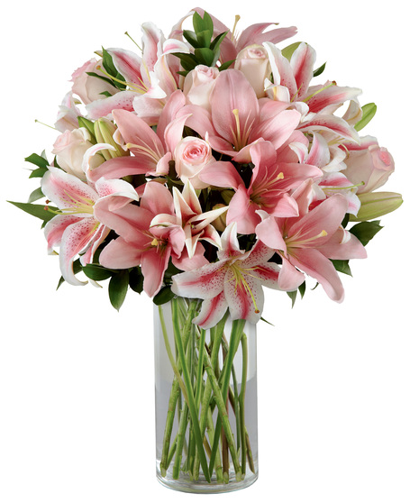 Pink Lilies and Pink Roses in a Glass Vase