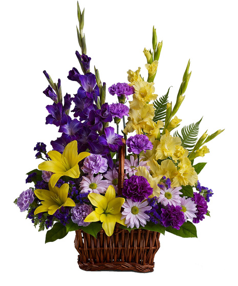 Handled Basket of Yellow, Purple and Lavender Flowers
