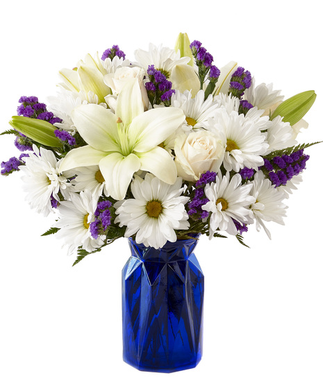 White Daisies, Roses and Lilies in a Blue Vase