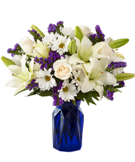 White Daisies, Roses and Lilies in a Blue Vase