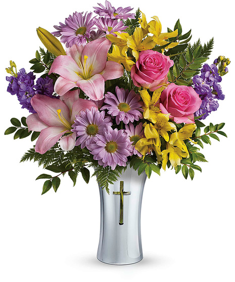 Colourful Mixed Sympathy Flowers in a Vase with Cross