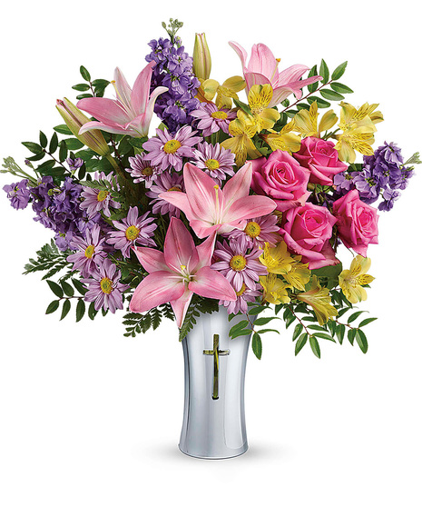 Colourful Mixed Sympathy Flowers in a Vase with Cross