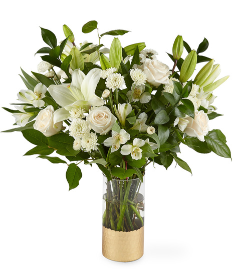 White Flowers in a Cylinder Vase with Gold Metallic Base