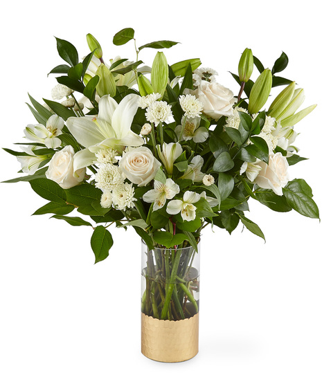 White Flowers in a Cylinder Vase with Gold Metallic Base