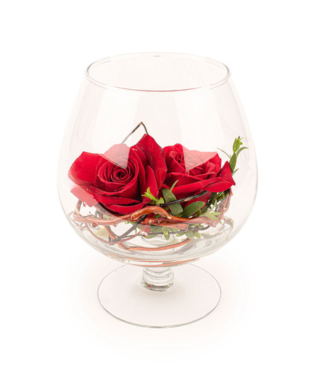 Red rose floral arrangement in a snifter glass with vine and greenery, available with one, two, or three roses.