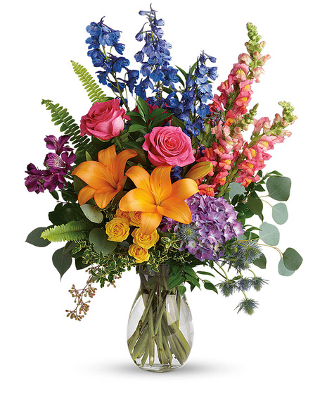 Colourful Bouquet of Mixed Blooms in a Glass Vase