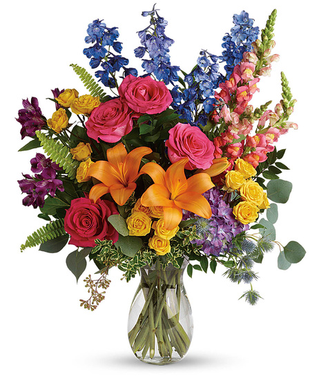 Colourful Bouquet of Mixed Blooms in a Glass Vase