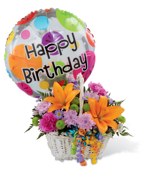 Handled Basket of Flowers With Birthday Balloon