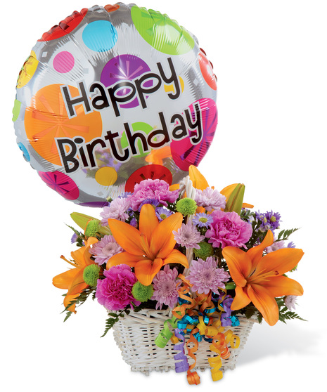 Handled Basket of Flowers With Birthday Balloon