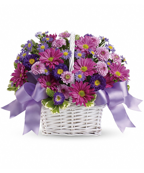 White Handled Basket of Lovely Lavender, Pink and Purple Flowers