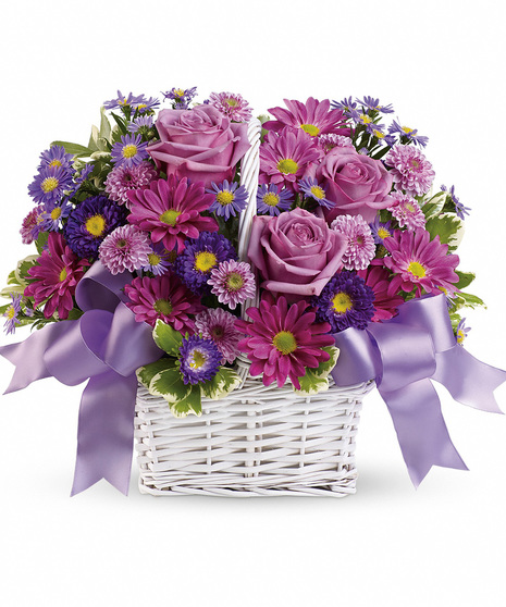 White Handled Basket of Lovely Lavender, Pink and Purple Flowers