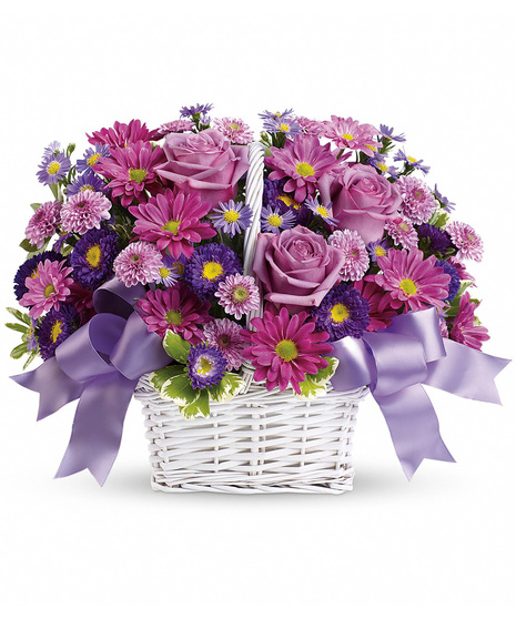 White Handled Basket of Lovely Lavender, Pink and Purple Flowers