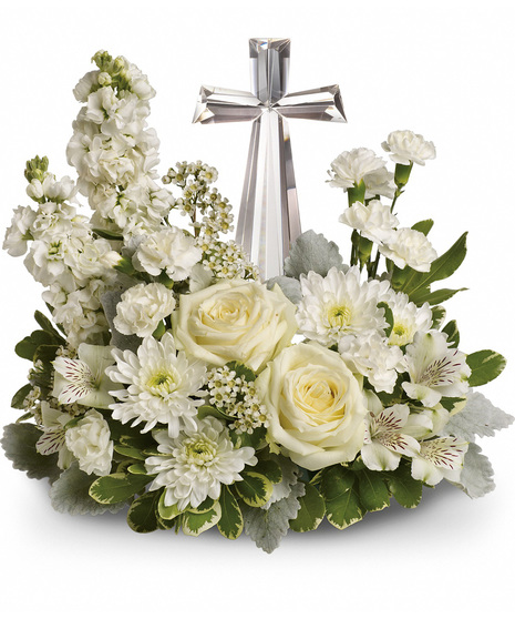 White Sympathy Flowers with Cross