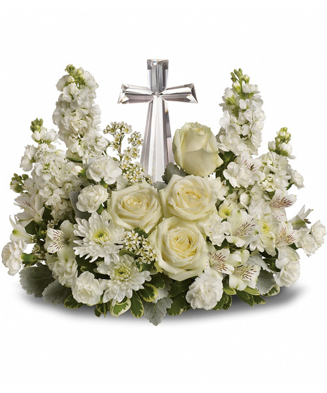 White Sympathy Flowers with Cross