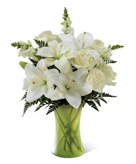 White Lilies, White Roses, White Snapdragons in a Glass Vase
