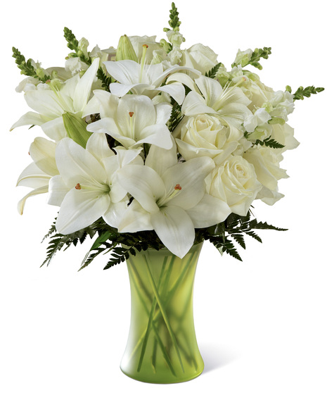 White Lilies, White Roses, White Snapdragons in a Glass Vase