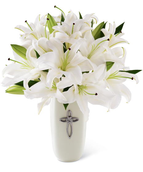White Lilies in a White Vase with Silver Cross