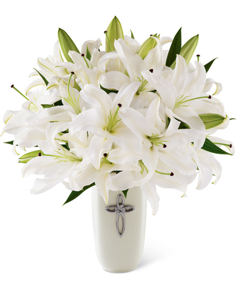 White Lilies in a White Vase with Silver Cross