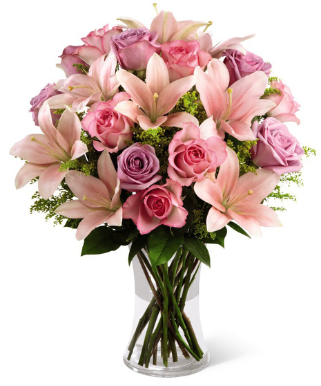 Pink Roses, Lavender Roses and Pink Lilies in a glass vase