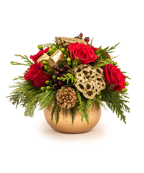 Golden Noel Centerpiece with red roses, Christmas greens, hold accents, and berries in a gold bowl