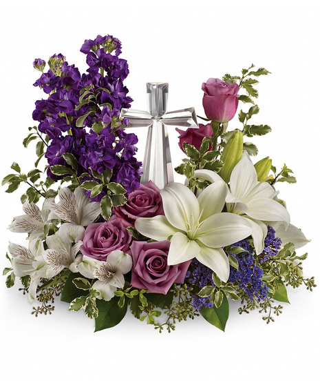 Lavender, White and Purple Sympathy Flowers with Cross