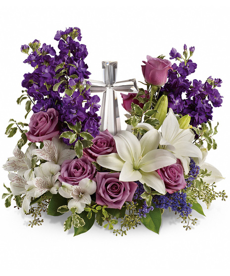 Lavender, White and Purple Sympathy Flowers with Cross