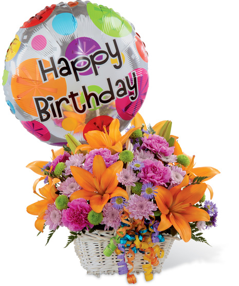 Handled Basket of Flowers With Birthday Balloon