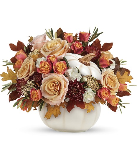 Autumn flowers in creme ceramic pumpkin
